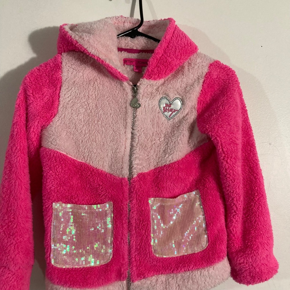 Betsey Johnson Hoodie Kids 7/8 Pink  Sherpa Sequin Colorblock ZIP UP - Picture 4 of 9